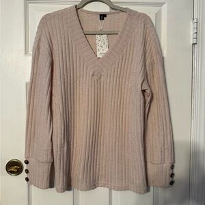 Ribbed V-Neck Knit Sweater in Light Blush